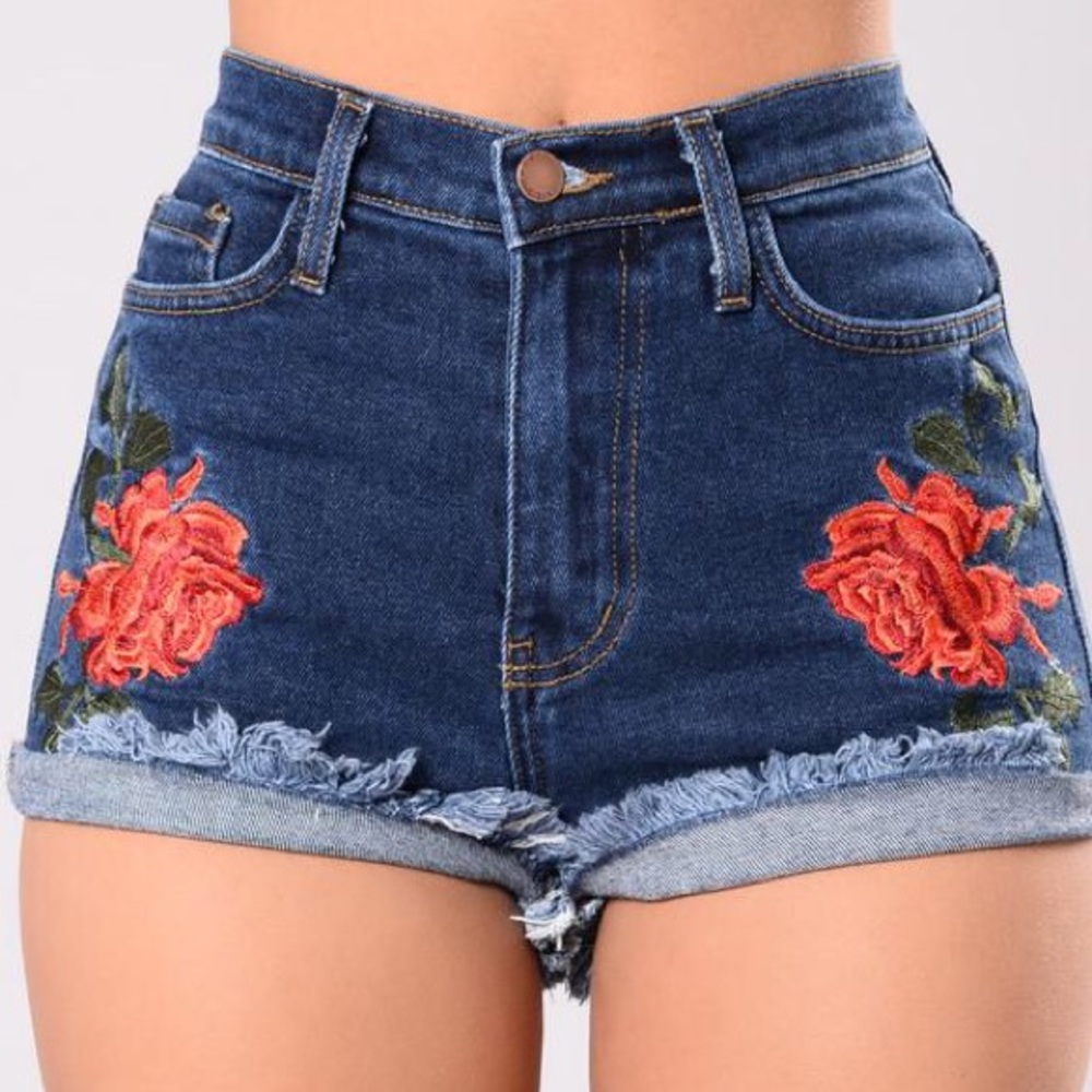 rose embroidered denim shorts