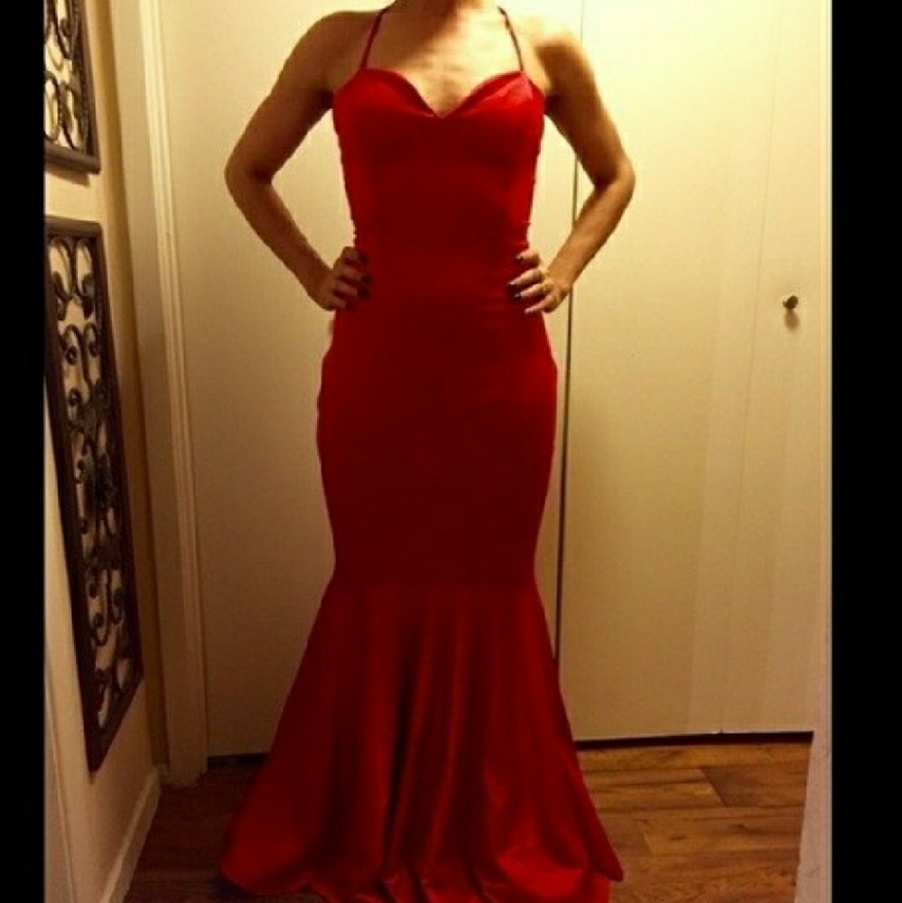 Sexy red open back corset style mermaid dress gown