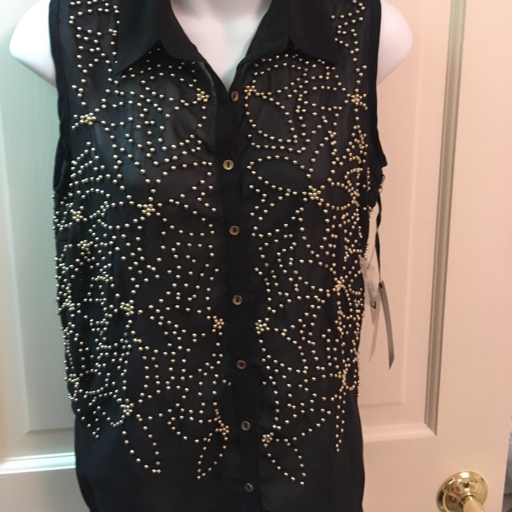 Women's sheer black shirt with gold beads