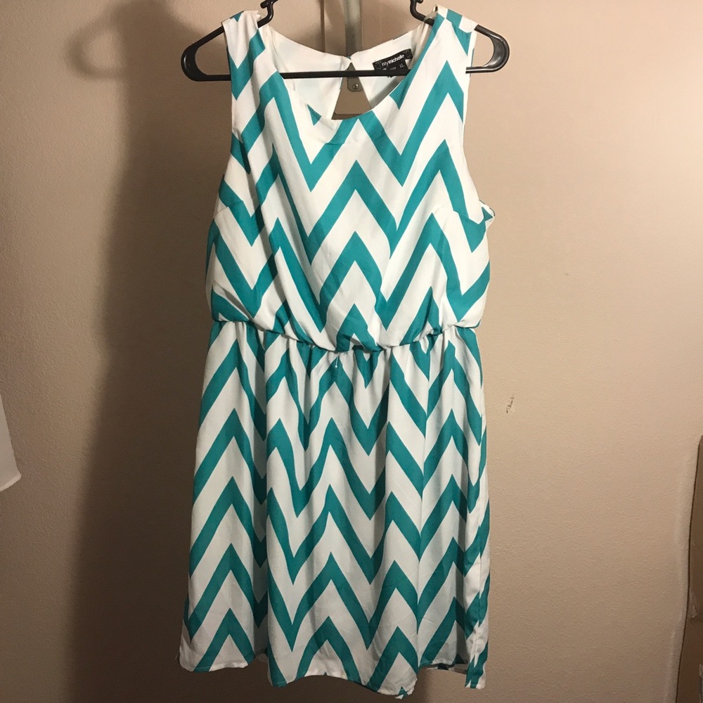 Teal and White Chevron Print Dress