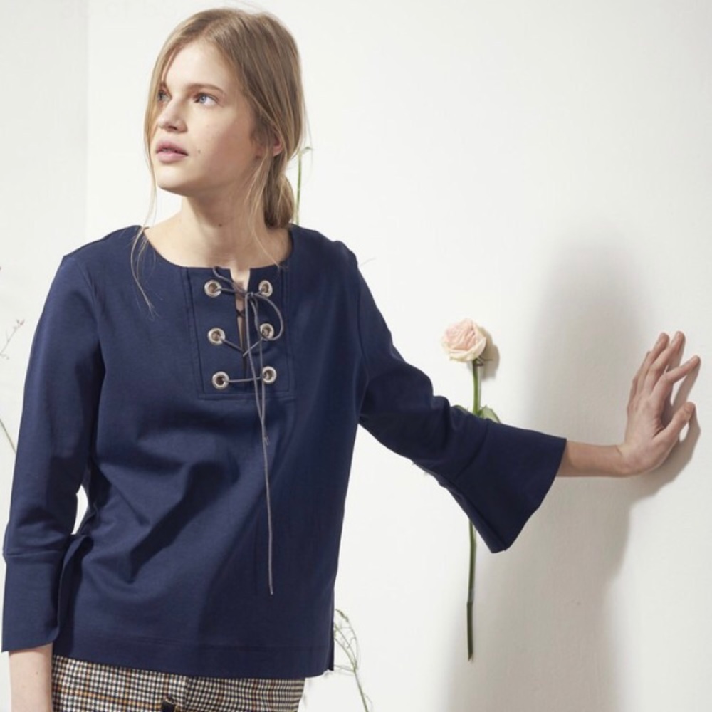 Navy bell sleeve lace up top NWT