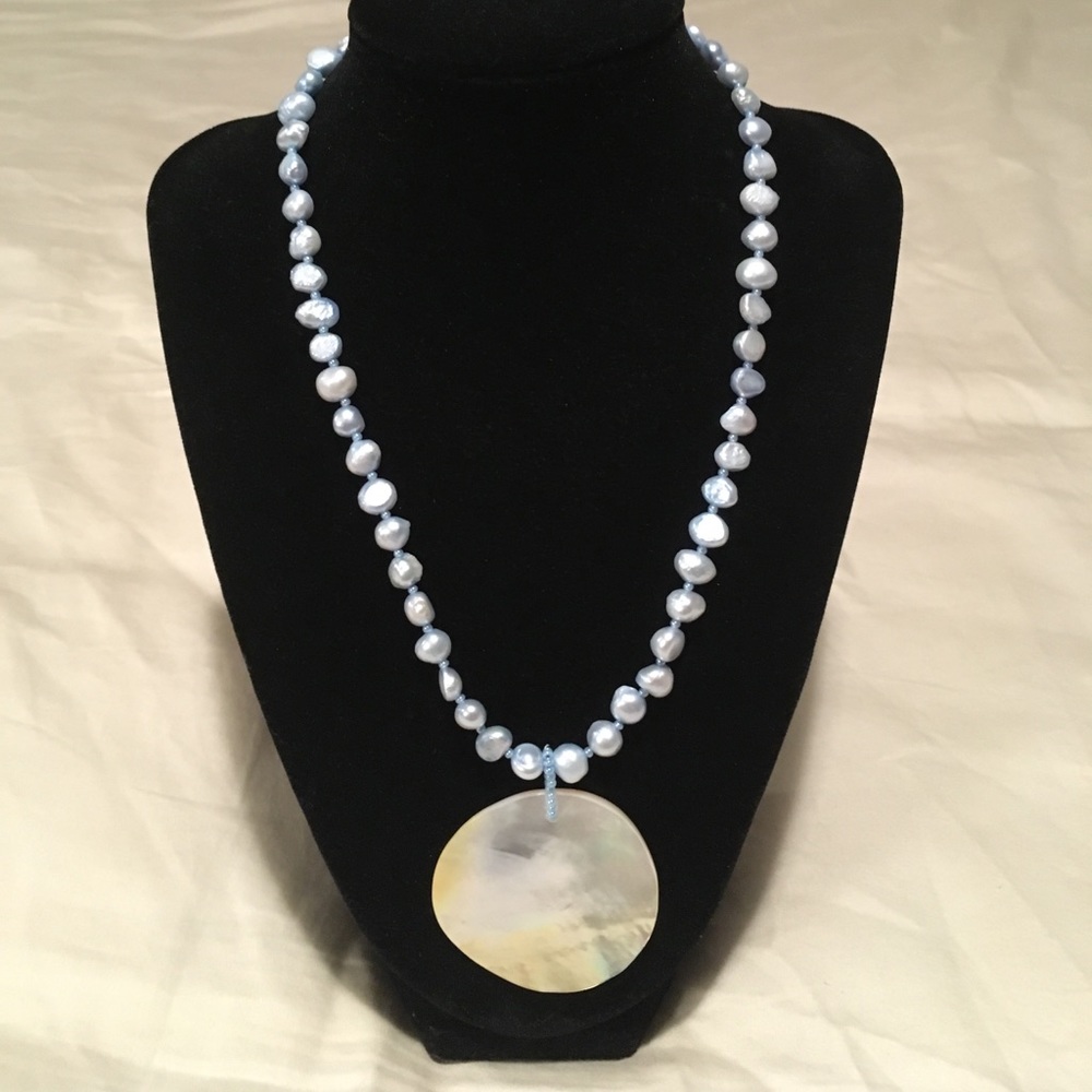 Cultured blue pearl necklace with shell pendant