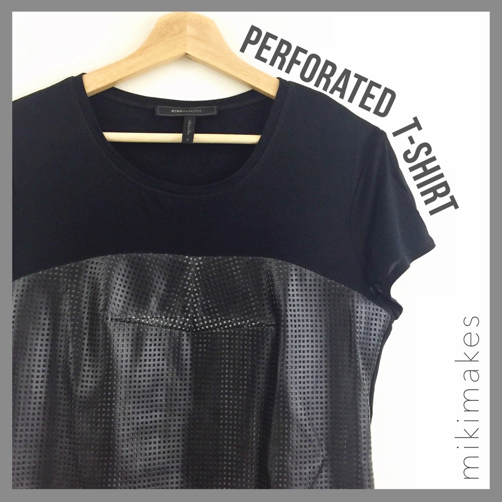 [ bcbg ] black faux leather perforated tee