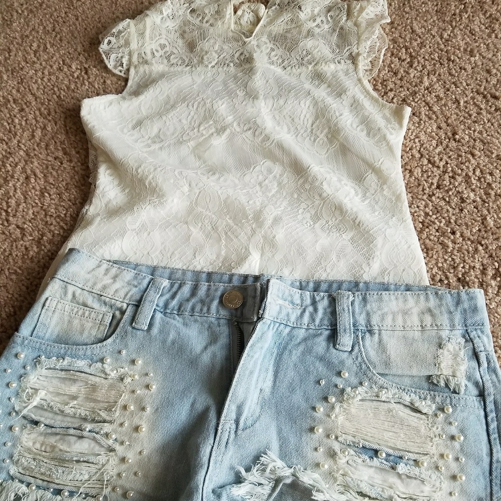 Lace top and jean shorts