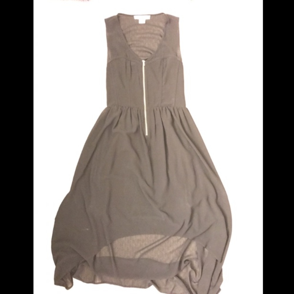 Zipper front, high-low, open back black dress