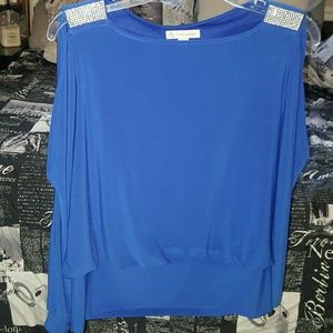 Rhinestone Detail Cold-Shoulder Long Sleeve Blouse