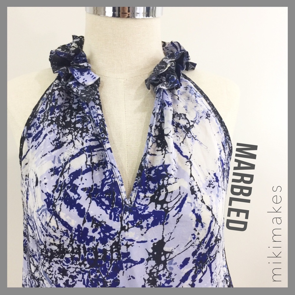 [ karen kane ] silk printed blue ruffle collar