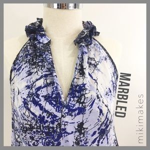 [ karen kane ] silk printed blue ruffle collar