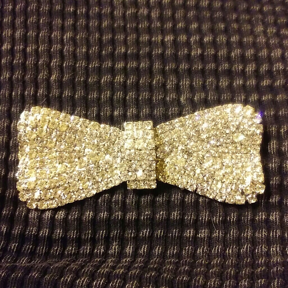 3-1/2 x 1-3/4" Rhinestone Silver Tone Bow Brooch