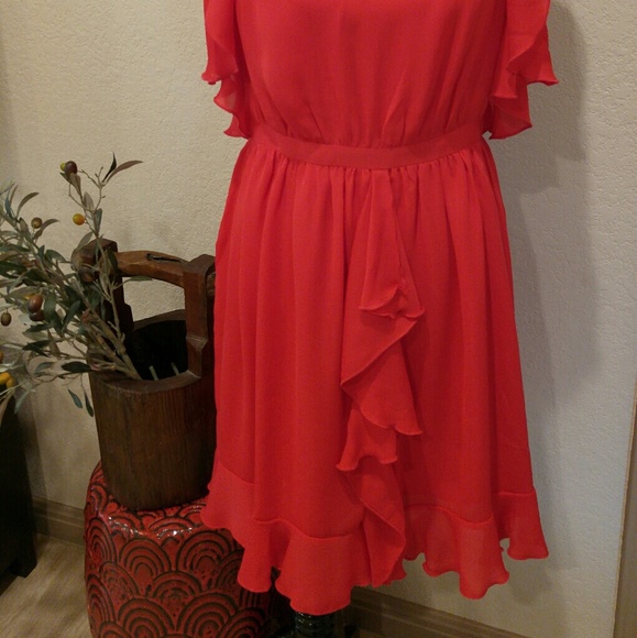 Prabal Gurung Apple Red Chiffon Ruffle Dress - Picture 3 of 4