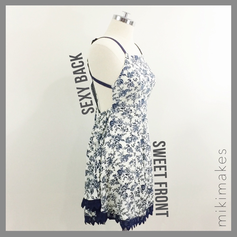 [ aryn k. ] NWT cream navy floral backless dress