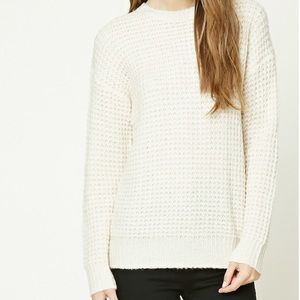 Waffle Knit Sweater, Round Neckline, Cream