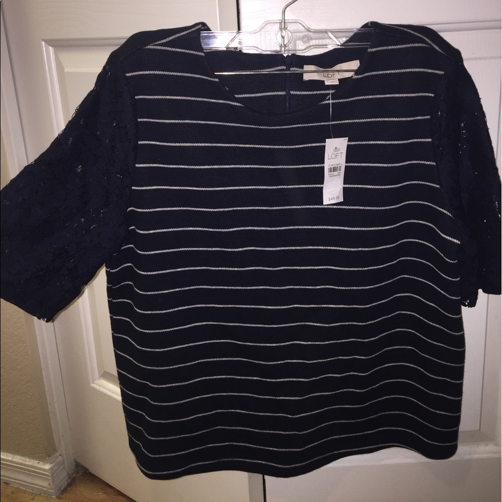 LOFT navy striped shirt with lace sleeves New