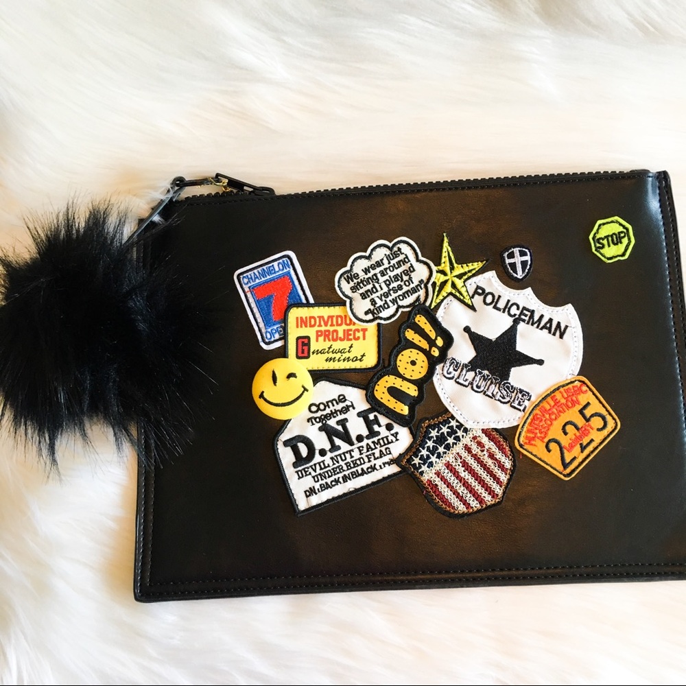 Vegan Leather Bold Patch Pom Pom Clutch Bag