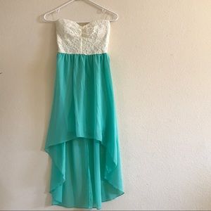 White/Aqua high low strapless dress