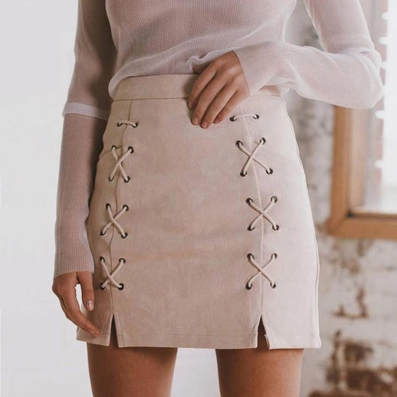 Dresses & Skirts - Suede skirt pink lace up strappy mini tight pencil