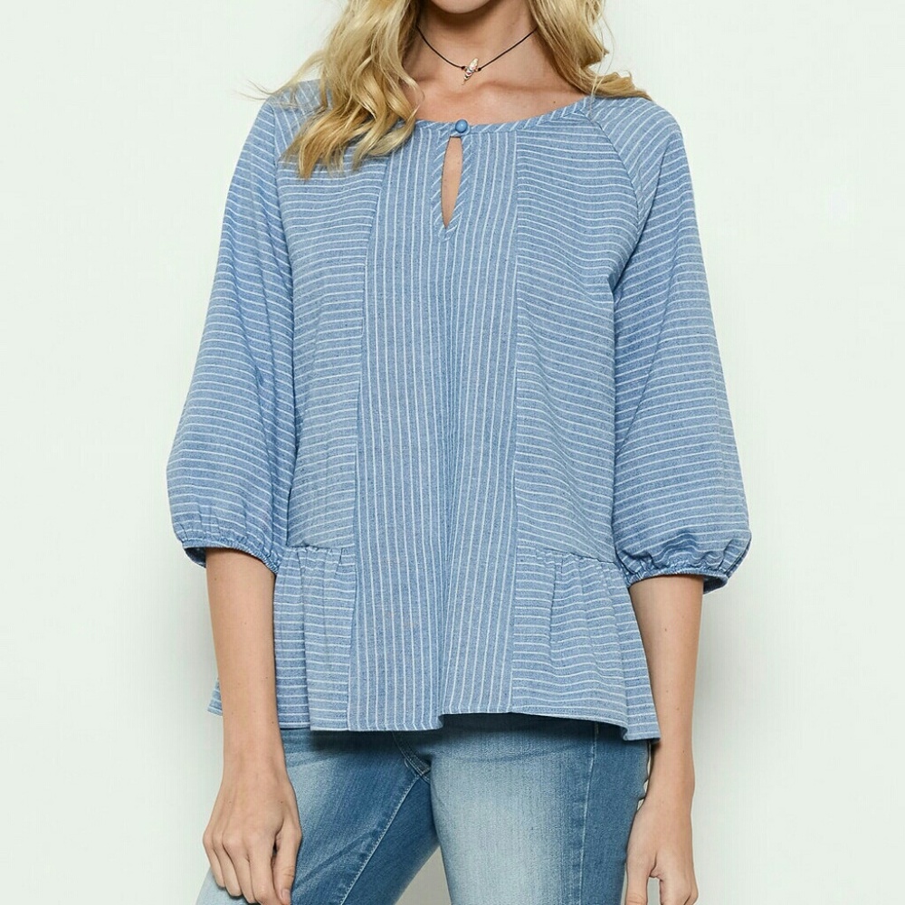 French Style Blue Stripe Keyhole Top