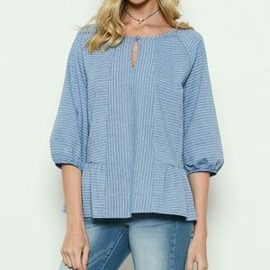 French Style Blue Stripe Keyhole Top