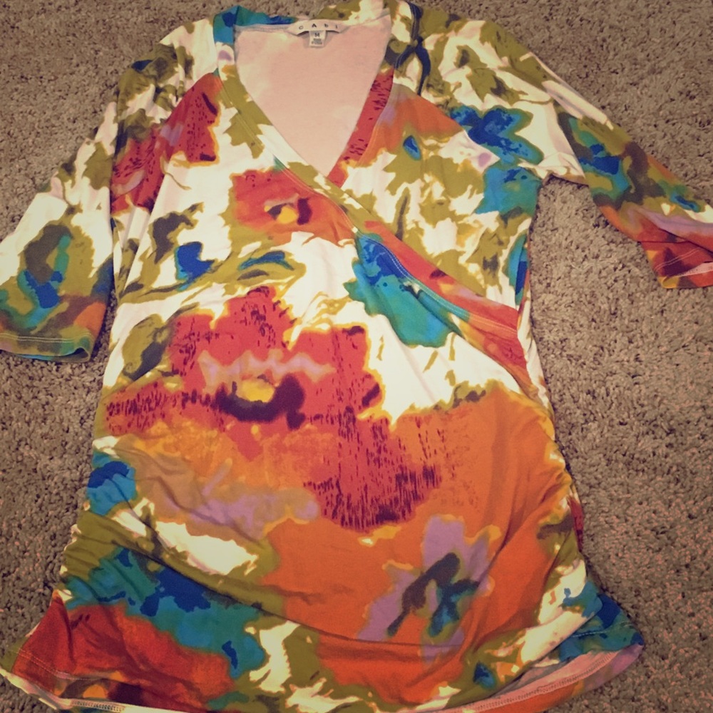 Cabi V-Neck Floral Ruched Blouse