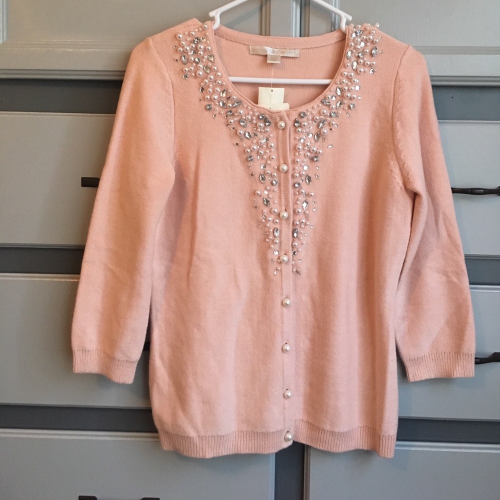 Boston Proper | blush pink pearl trim cardigan