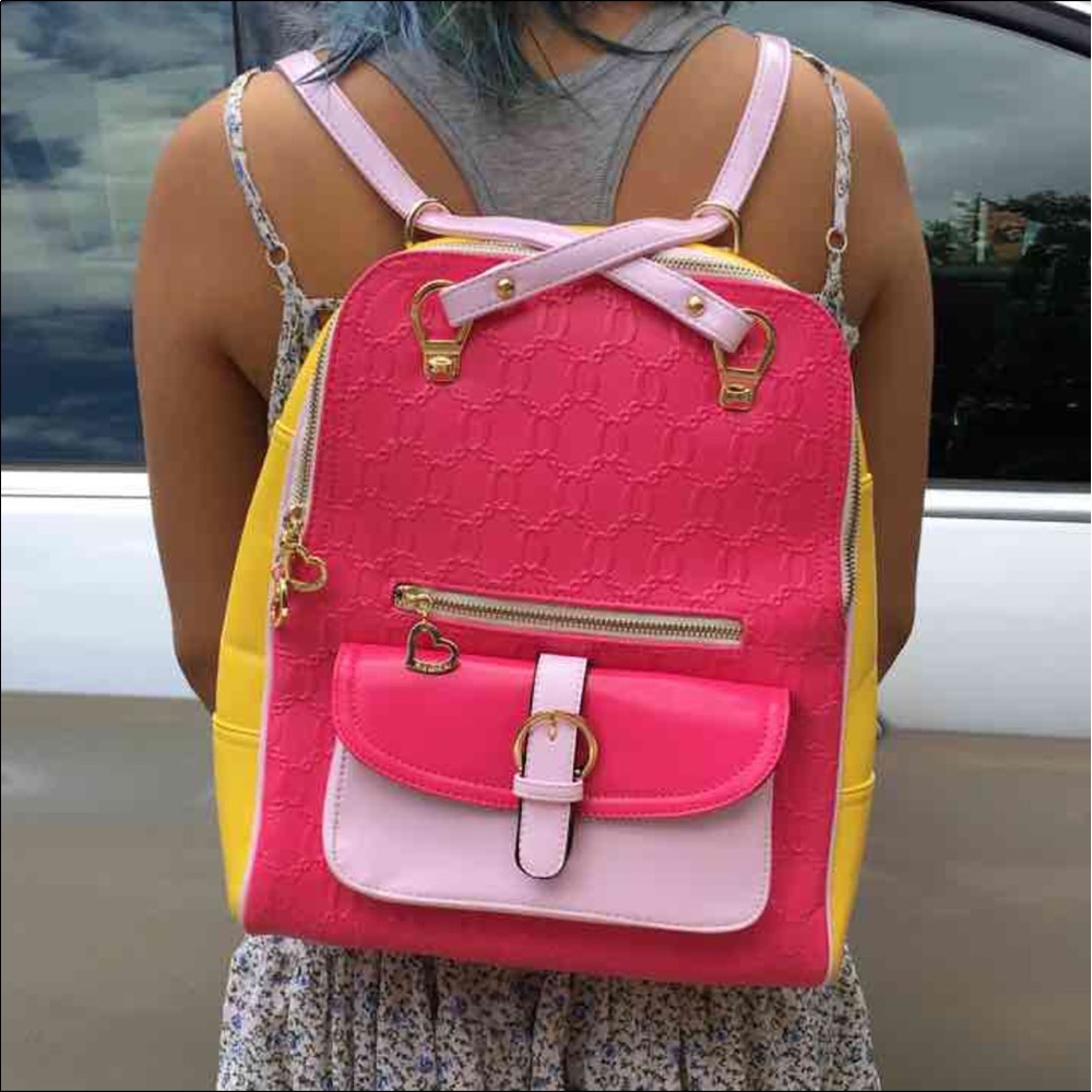 Asian designer Backpack hot pink yellow Vinyl NEW