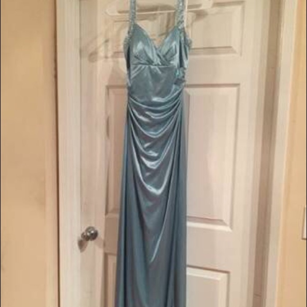 Aqua Rhinestone Halter Prom Dress