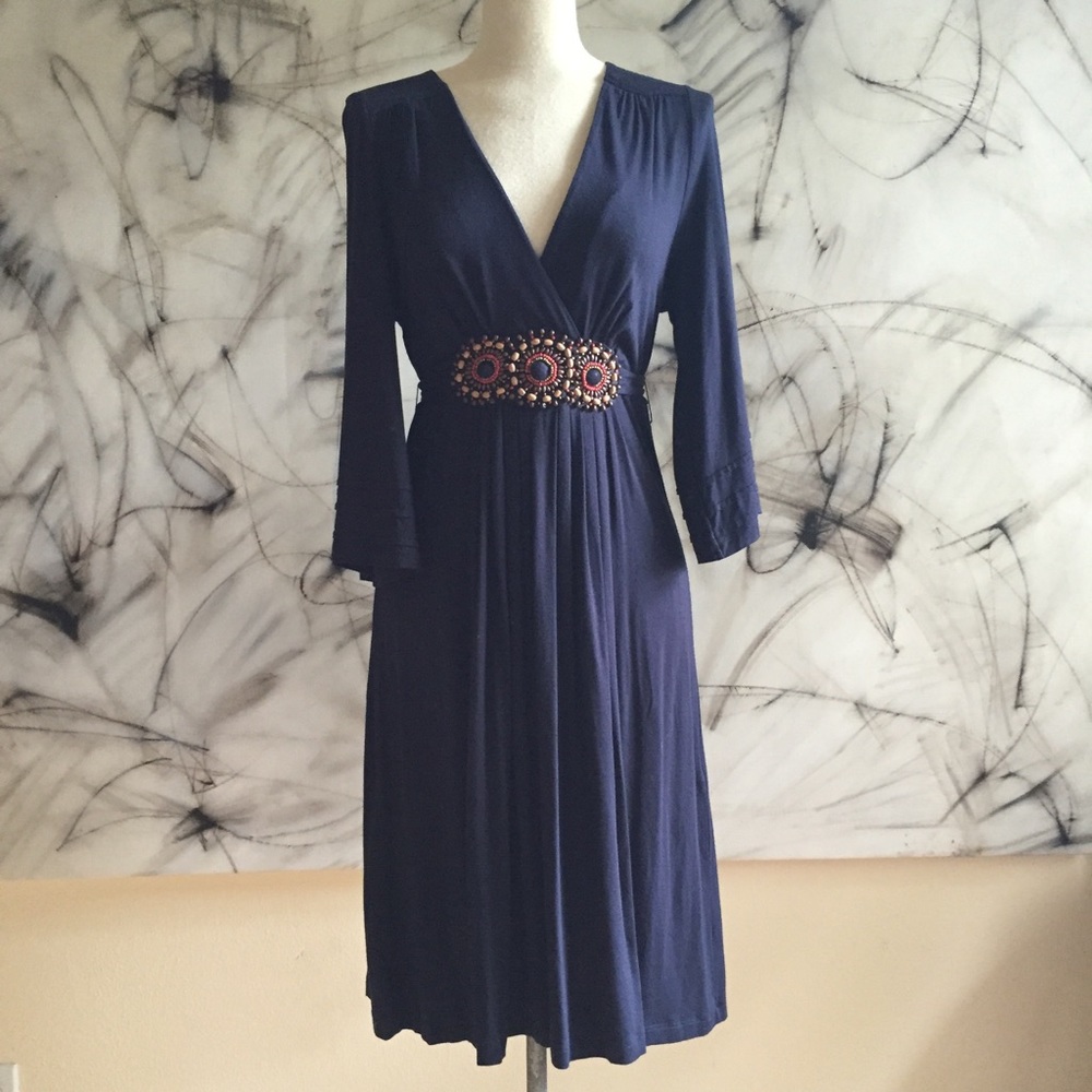 Eci Long Sleeve Tie Back Beaded Navy Dress EUC!