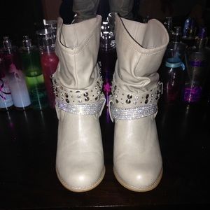 Nude high heel boots with rhinestone bands!