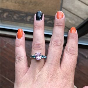 Pink lab created diamond with blue diamond accents