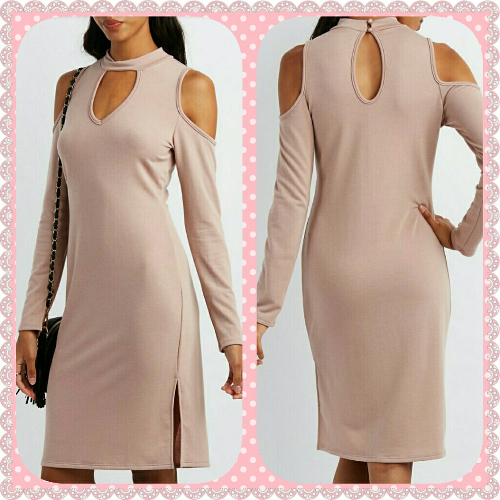 MOCK NECK COLD SHOULDER KEYHOLE DRESS