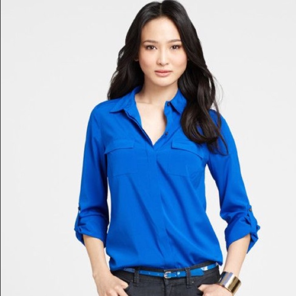 Bright blue silk camp shirt from Ann Taylor