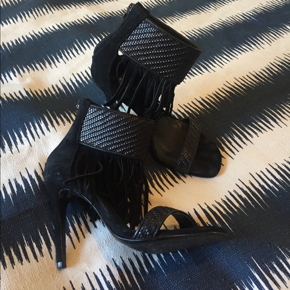 Schutz Suede Fringe Heeled Sandals