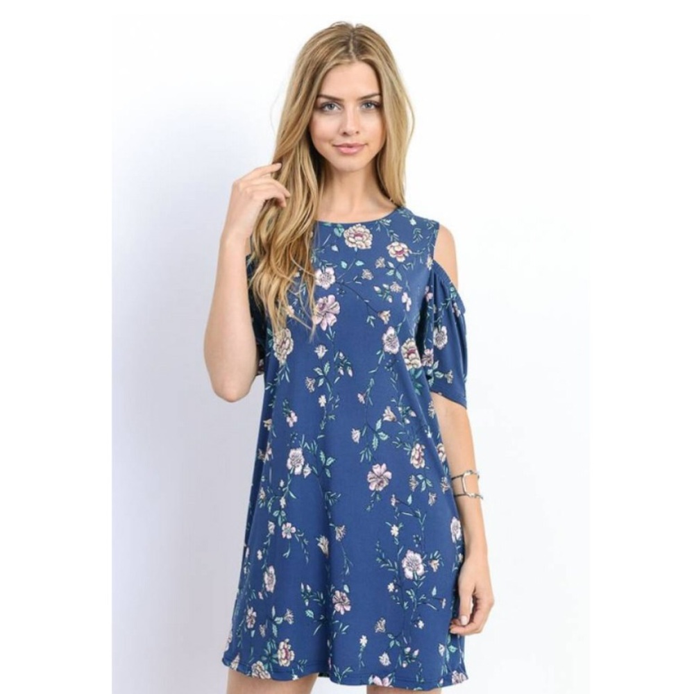 Boutique Cold Shoulder Blue Floral Dress