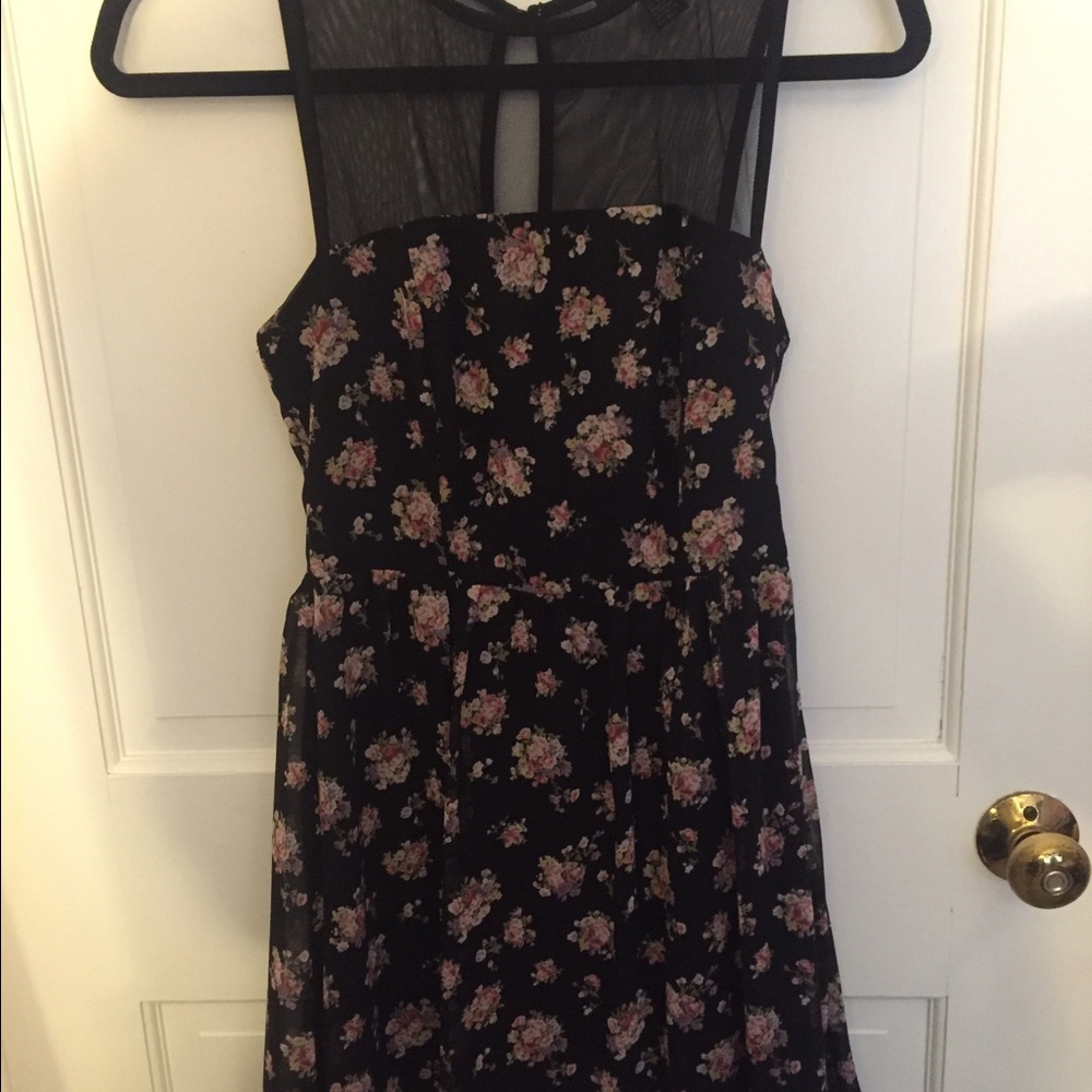 Floral Print Dress with Mesh Neckline