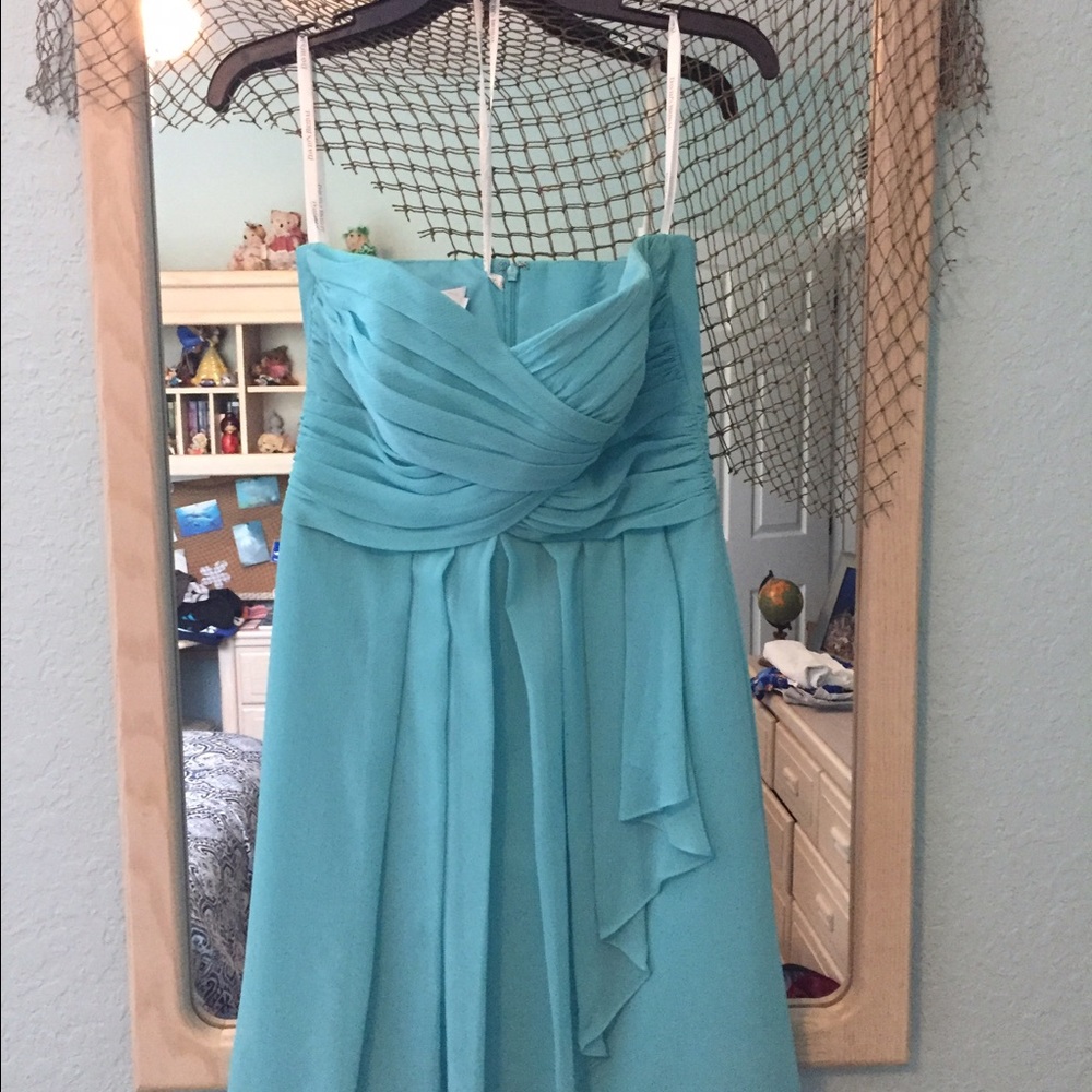 Davids Bridals short chiffon blue bridesmaid dress