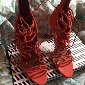 Schultz burnt orange strappy tie up heels