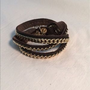 Nordstrom Gold Chain & Brown Leather Wrap Bracelet
