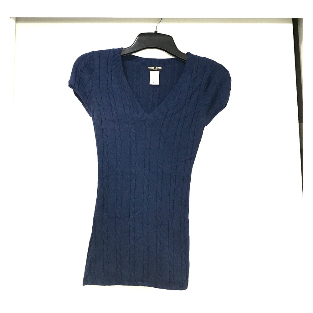 Long V-Neck Cable Knit Navy Top