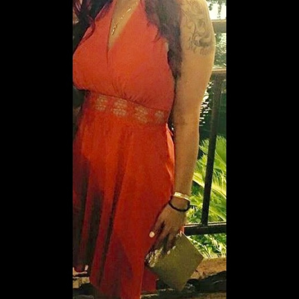 Red halter backless dress with design cut out