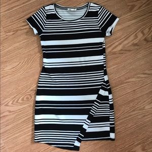 Black and white striped asymmetrical dress