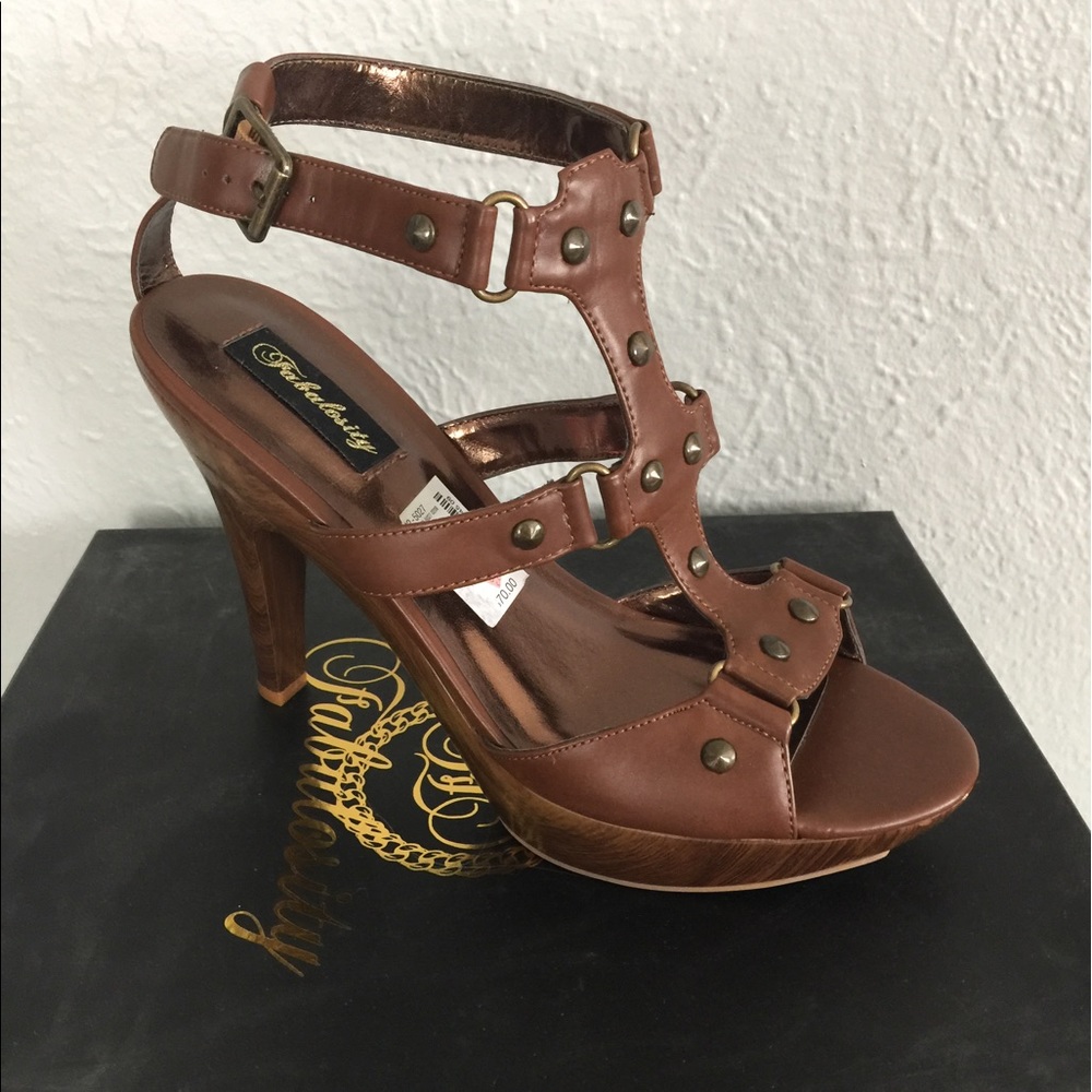 Brown leather studded strappy high heel