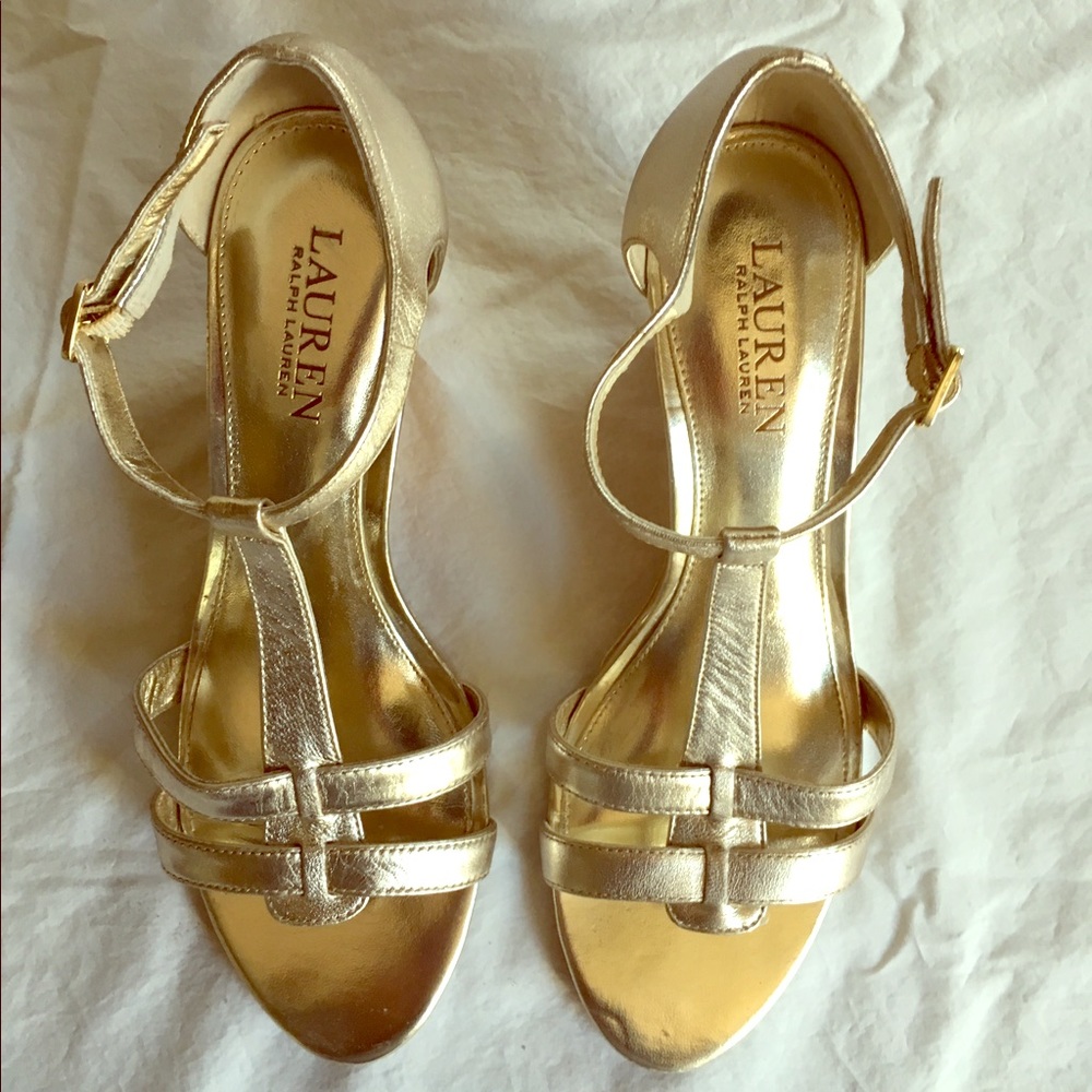 Lauren T-strap Gold Wedges 7.5