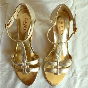 Lauren T-strap Gold Wedges 7.5