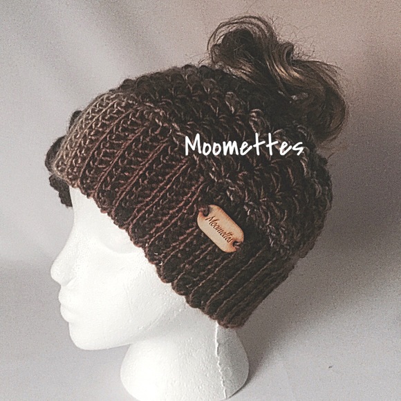 Handmade Beanie Messy Bun Hat Brown Taupe Crochet - Picture 4 of 5