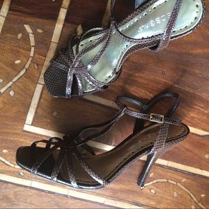 BCBG Leather Brown Snake Strappy Heels EUC • 8.5