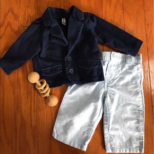 Navy jacket with matching baby blue pants