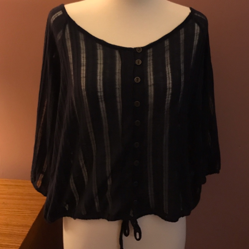 Cute L Navy Tie Waist Sheer Striped Top