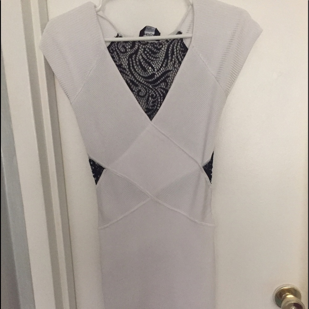 White with black lace back Bebe dress