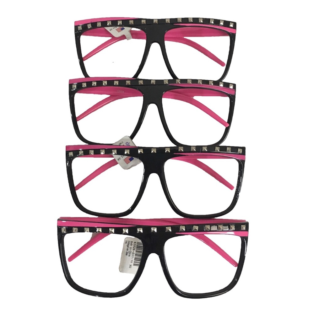 4 Pairs Black Pink Frame Studded Nerd Glasses