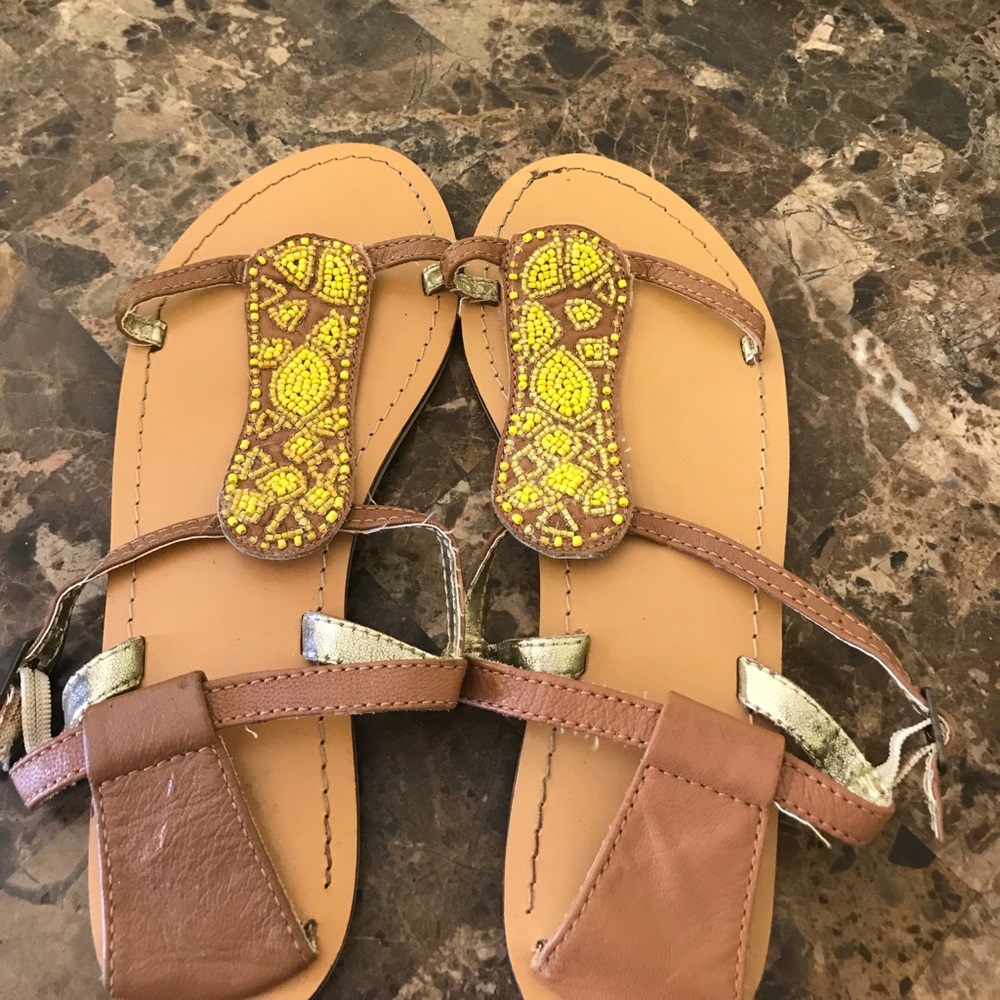 Tan sandals with yellow beads size 6